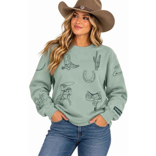 Wrangler Womens Retro Cowboy Theme Sage Green Crew Sweatshirt
