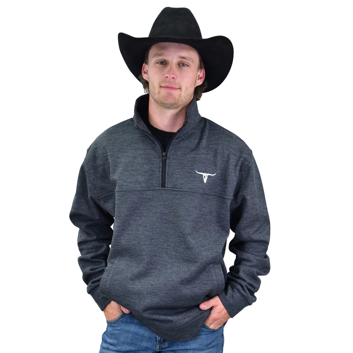 Cowboy Hardware Mens Knobby Fleece 1/4 zip Black Heather Pullover