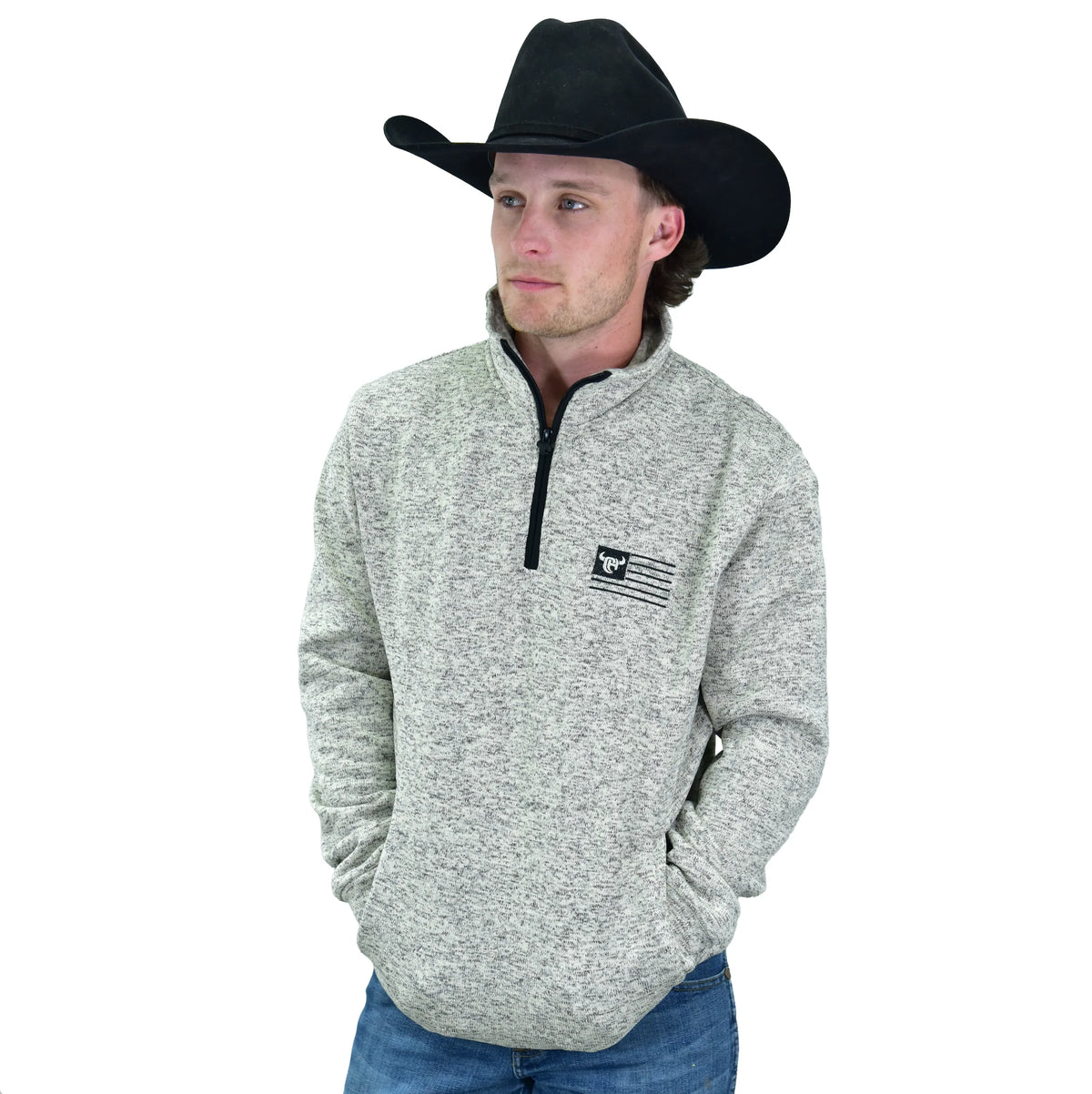 Cowboy Hardware Logo Flag Grey Heather 1/4 Zip Fleece Knit Sweater