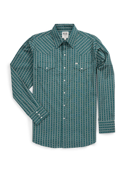Ely Walker Mens Green Vertical Stripe/Print Snap Shirt