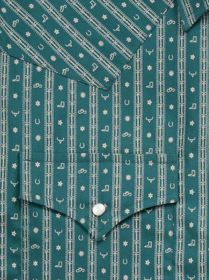 Ely Walker Mens Green Vertical Stripe/Print Snap Shirt