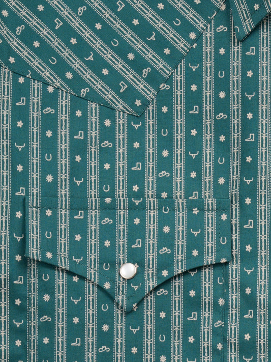 Ely Walker Mens Green Vertical Stripe/Print Snap Shirt