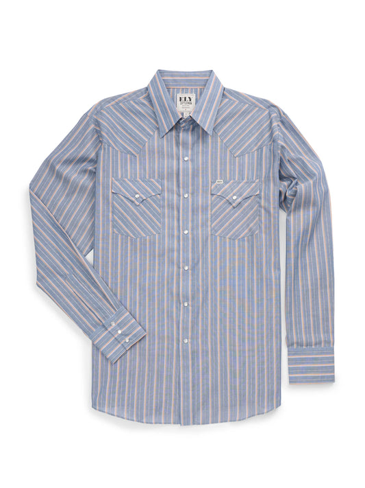 Mens EW Blue Dobby Striped Snap Long Sleeve Shirt