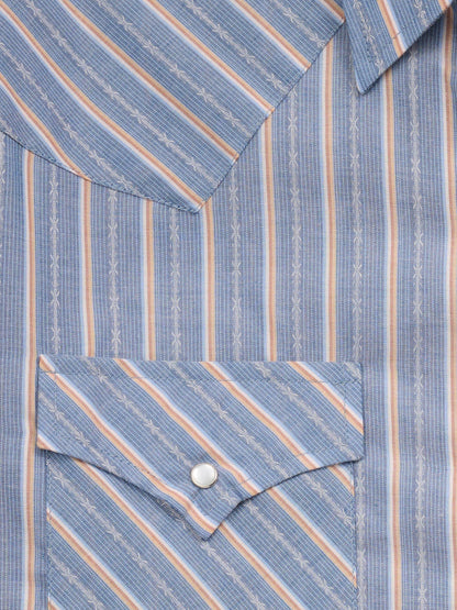 Mens EW Blue Dobby Striped Snap Long Sleeve Shirt
