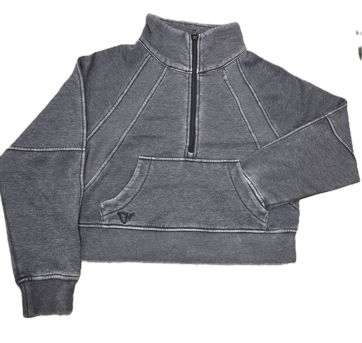 Womens Charcoal Burnout Cropped Fleece 1/2 zip Sweatshirt