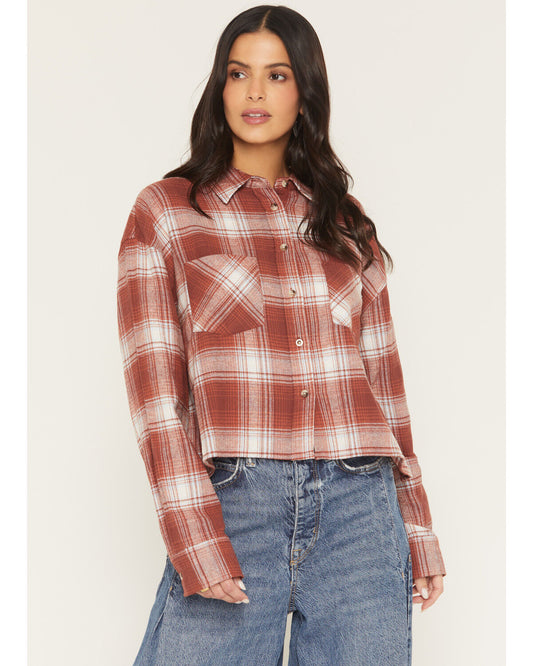 Ely & Walker Womens Rust Plaid Cropped Flannel Shirt