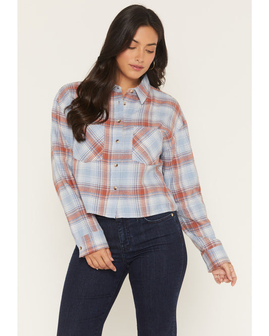 Ely Walker Womens Flannel Cropped Blue Plaid Shirt