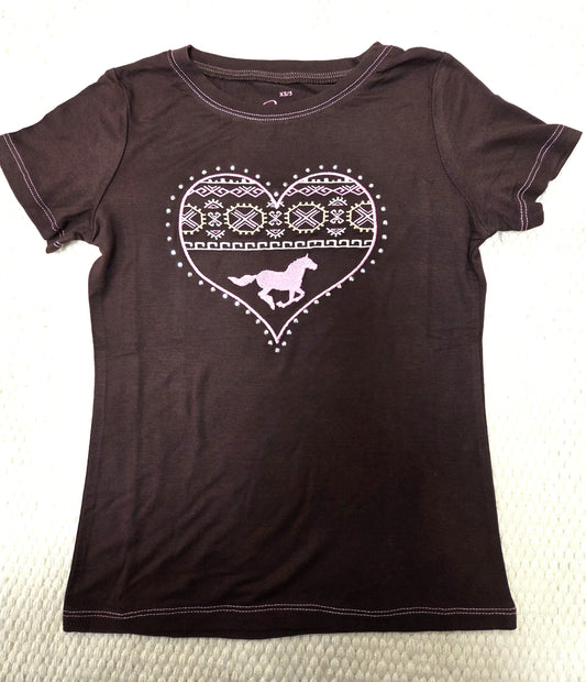 Girls Cowgirl Hardware Chocolate/Pink Crystal Heart Embroidered Horse Tee