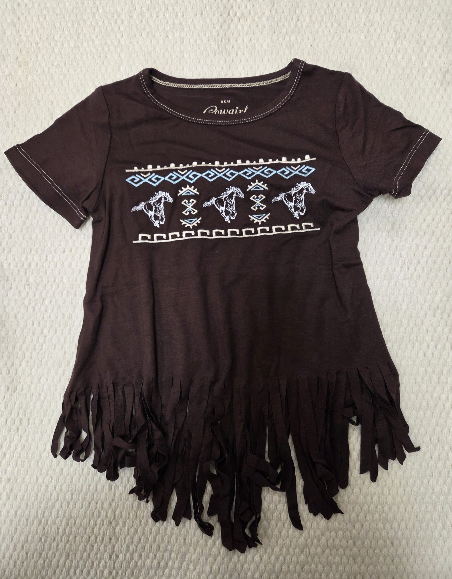 Girls Cowgirl Hardware embroidered chocolate fringed Tee