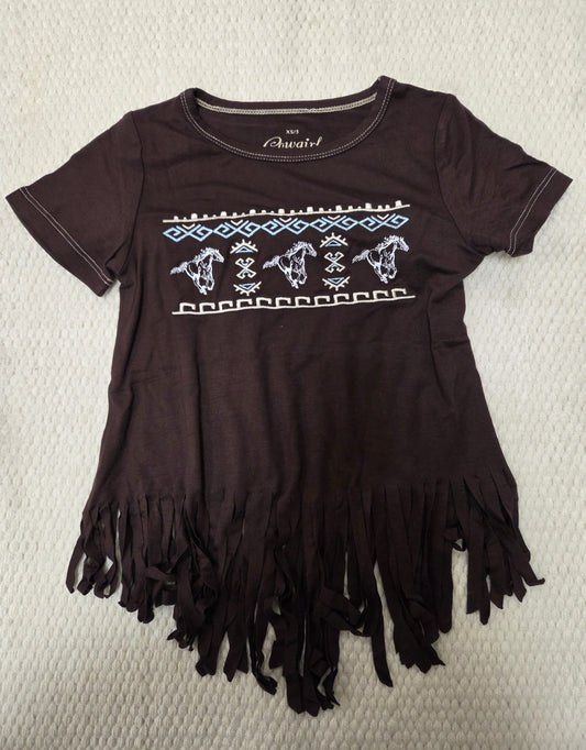 Girls Cowgirl Hardware embroidered chocolate fringed Tee