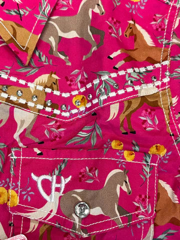 Toddler Girls Cowgirl Pink Horse Print Snap Shirt