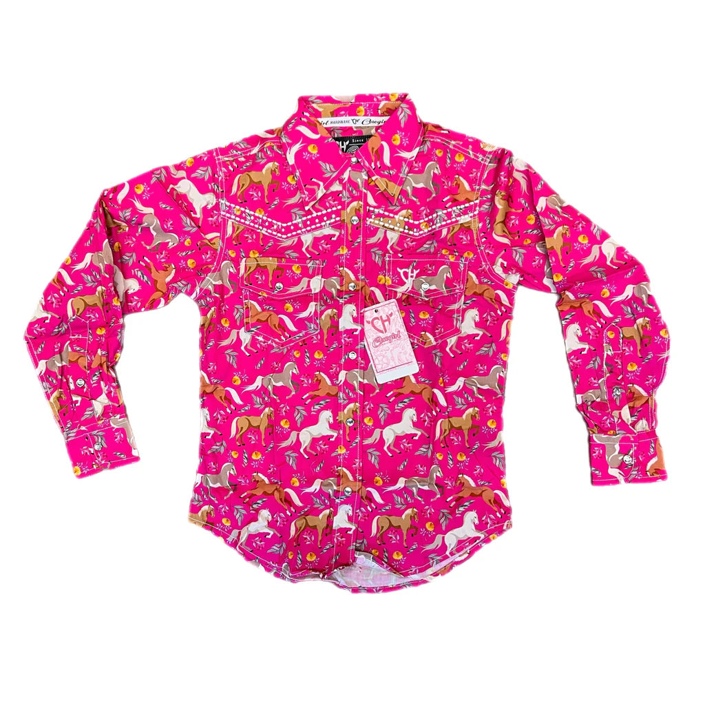 Toddler Girls Cowgirl Pink Horse Print Snap Shirt