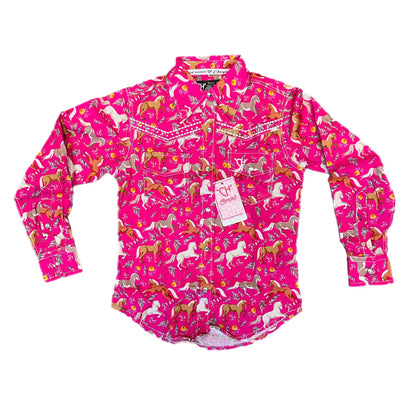 Toddler Girls Cowgirl Pink Horse Print Snap Shirt