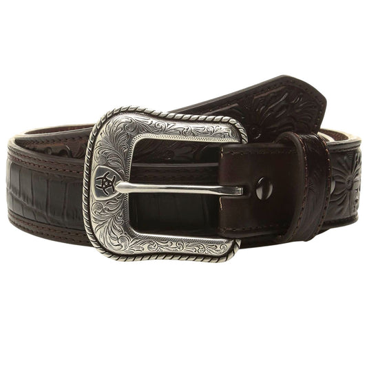 Mens Ariat Dark BrownCroc with embossed floral tabs Belt