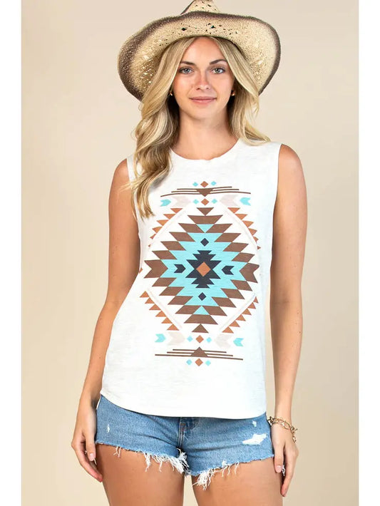 Womens Brown/Turquoise Aztec Print Sleeveless Crew Neck Tee