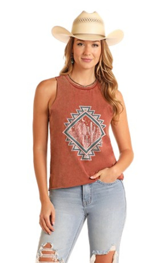 Rust & Green Crystal Studded Tank