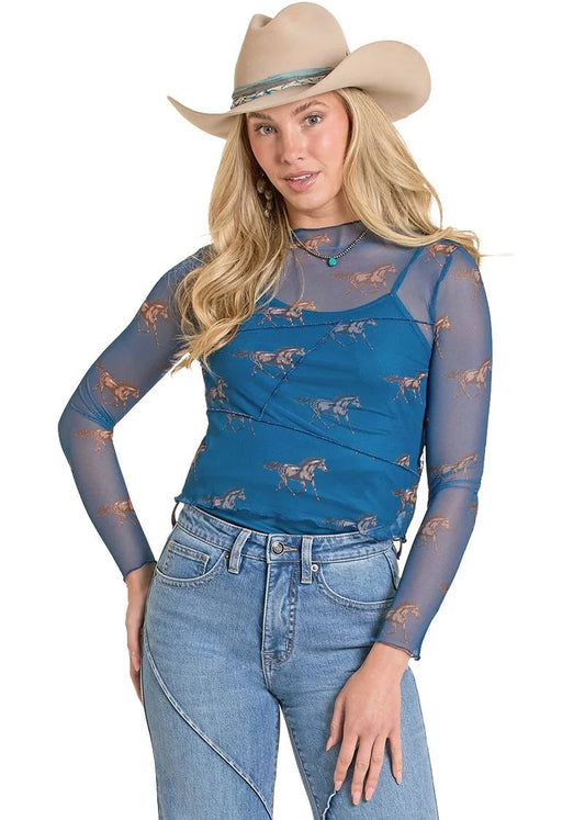 Rock & Roll Horse Print Blue Mesh Top