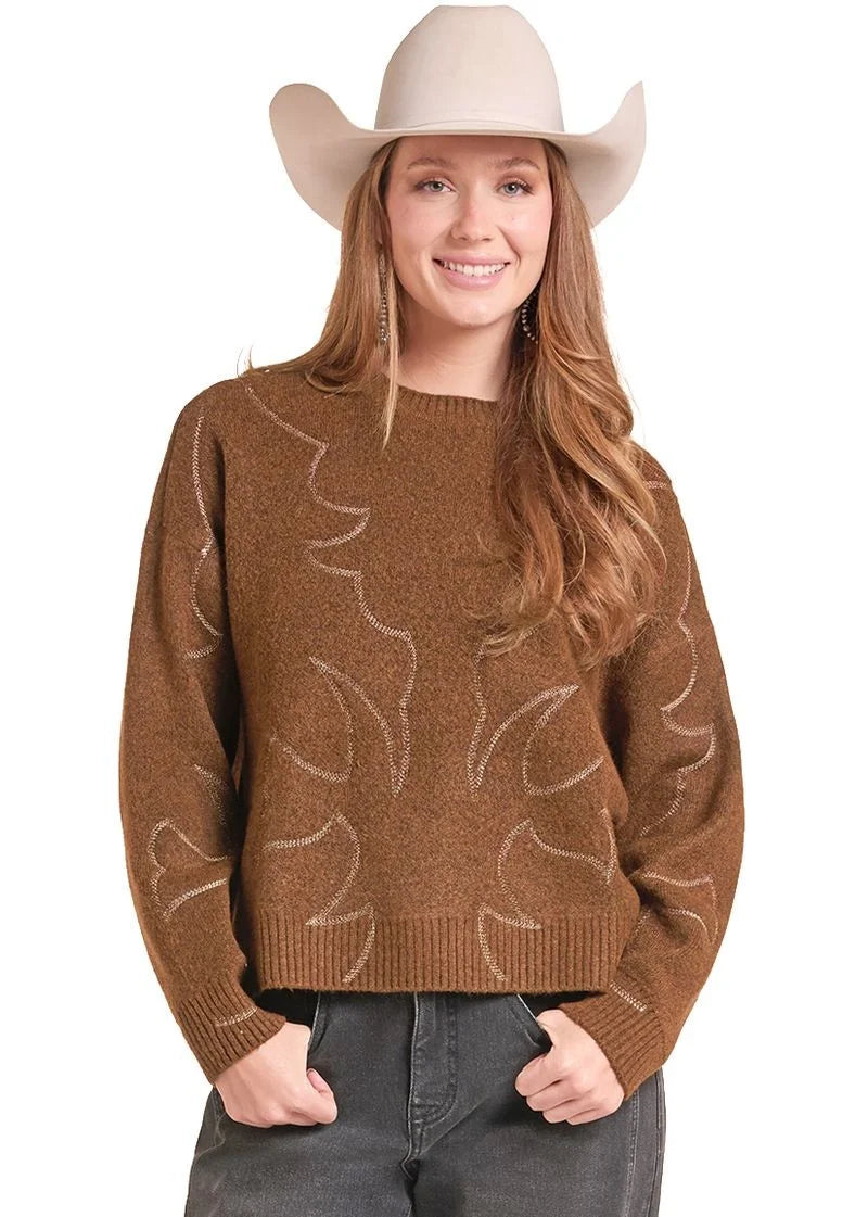 Womens Rock & Roll Rust Bootstitch Crew Sweater