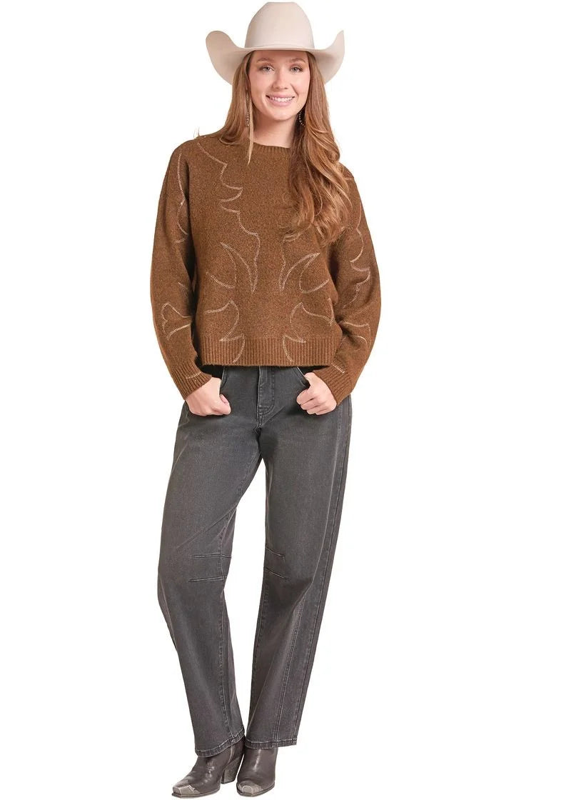 Womens Rock & Roll Rust Bootstitch Crew Sweater