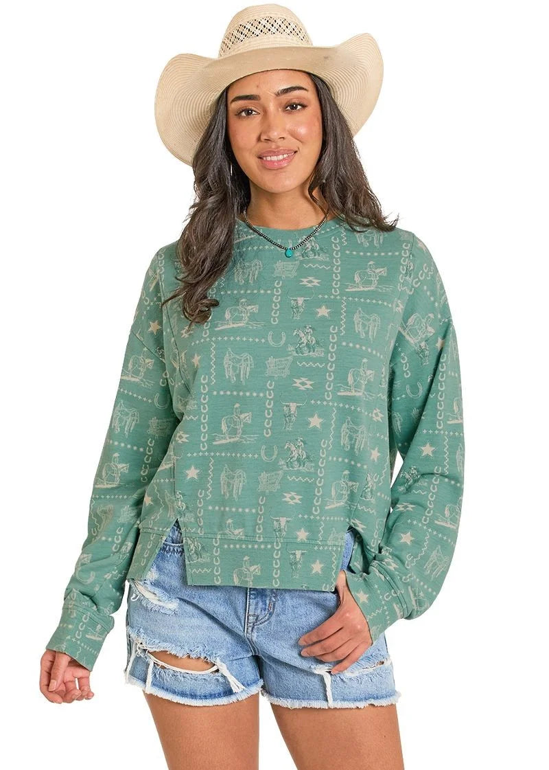 Rock & Roll Green Western Print Crew