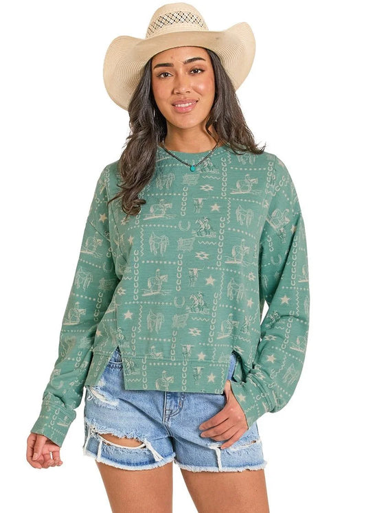 Rock & Roll Green Western Print Crew