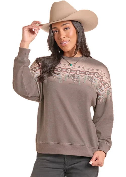 Rock & Roll Cowgirl Light Chocolate Taupe Cowboy Aztec Border Sweatshirt