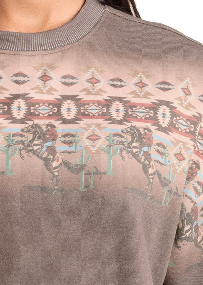 Rock & Roll Cowgirl Light Chocolate Taupe Cowboy Aztec Border Sweatshirt