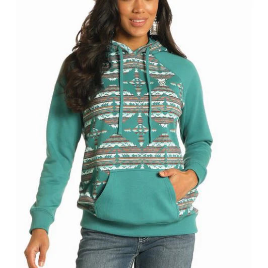 Teal Aztec Contrast Sleeve Hood