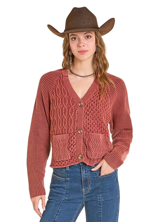 Womens Hip Length Rust Button Front Sweater Cardigan