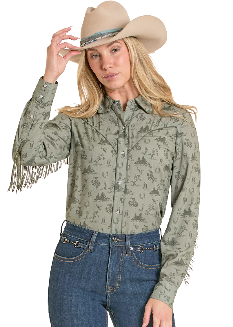 Rock & Roll Cowgirl Green Fringed Snap Shirt
