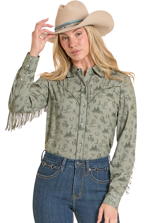 Rock & Roll Cowgirl Green Fringed Snap Shirt