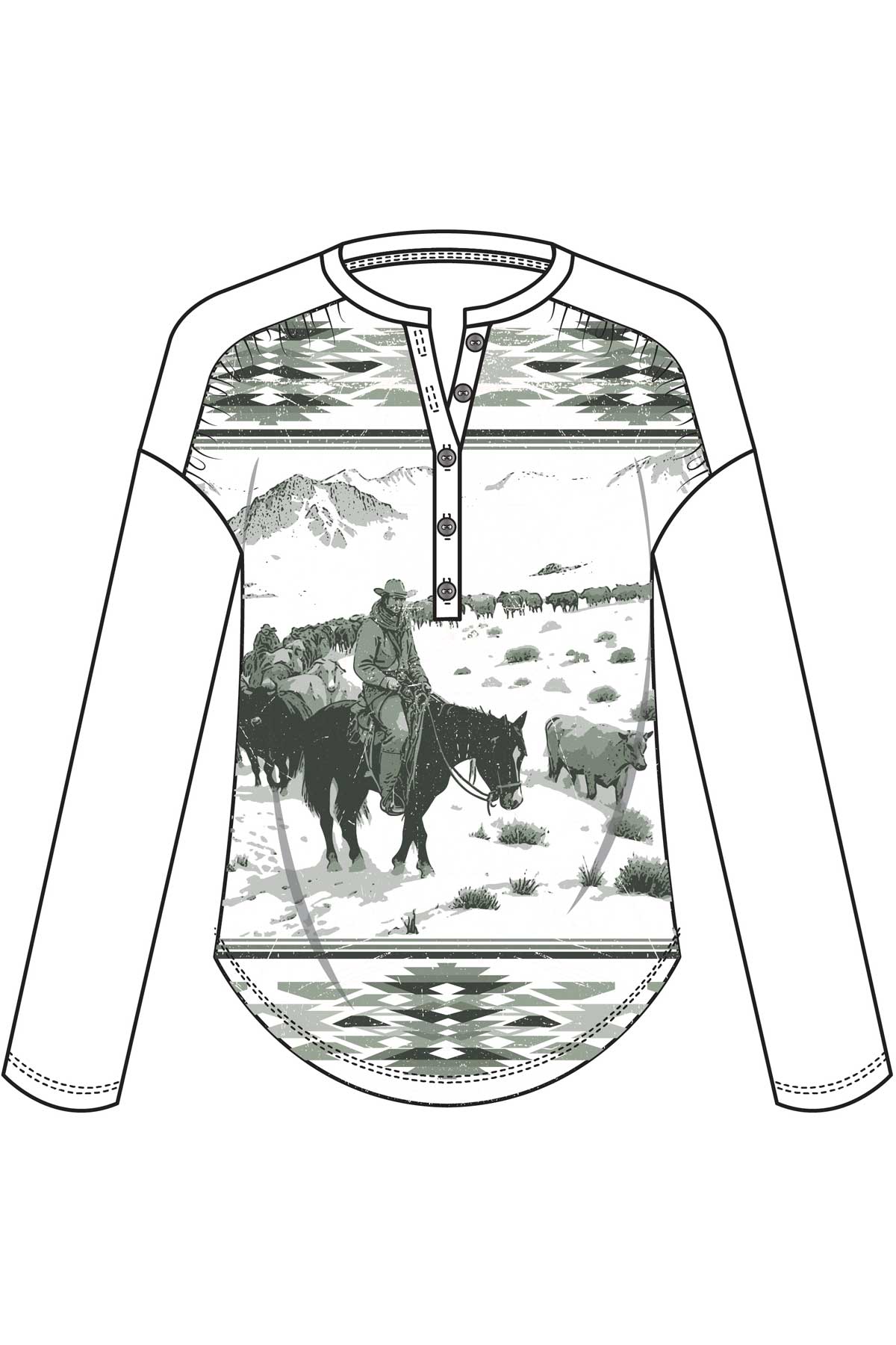 Womens Rib Knit Green /White Cowgirl Graphic Henley