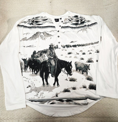 Womens Rib Knit Green /White Cowgirl Graphic Henley