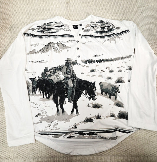 Womens Rib Knit Green /White Cowgirl Graphic Henley