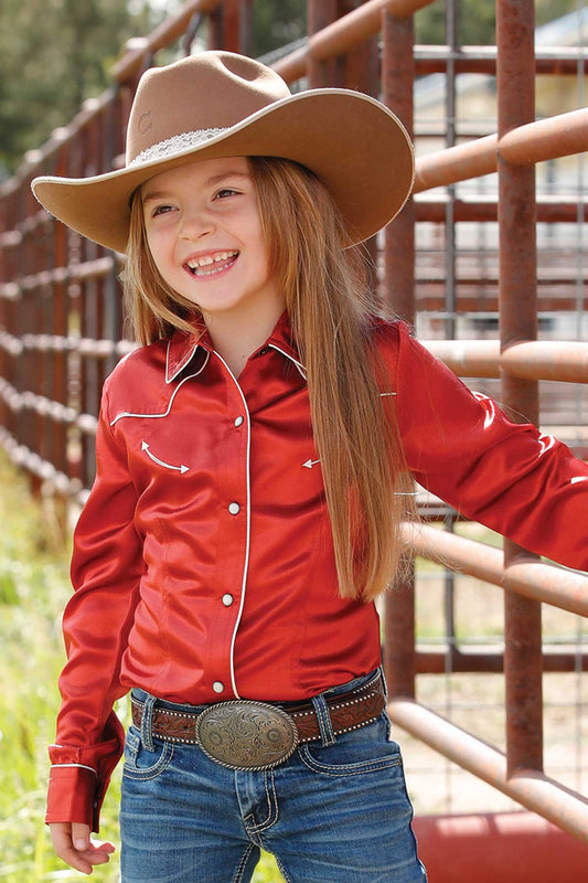 Cruel Denim Girls Red with Piping Trim Retro Satin Snap Shirt