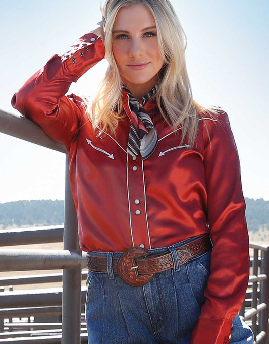 Womens Red Satin Retro Snap Shirt