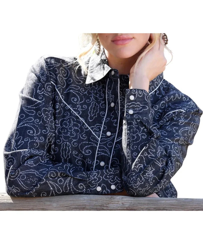 Womens Cinch Black Chambray Snap Western Shirt with Piping Accents