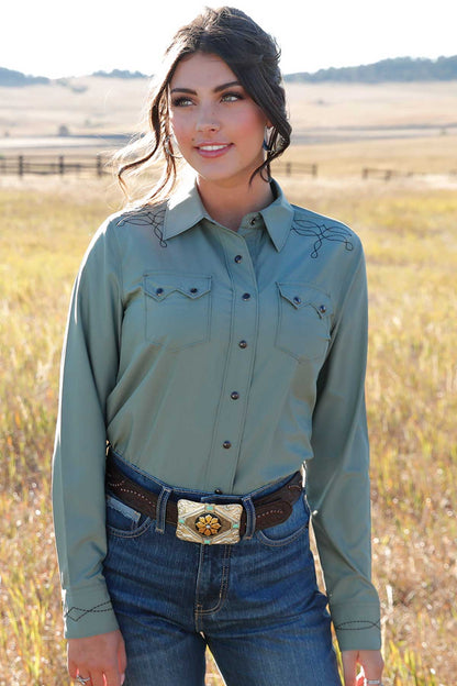 Cinch Womens Sage Green Long Sleeve Snap