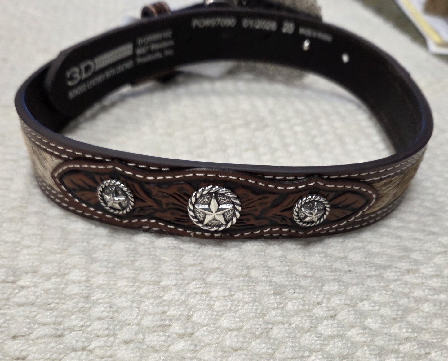 Boys Hair On Belt With Leather Floral Embossed Overlay and Tabs