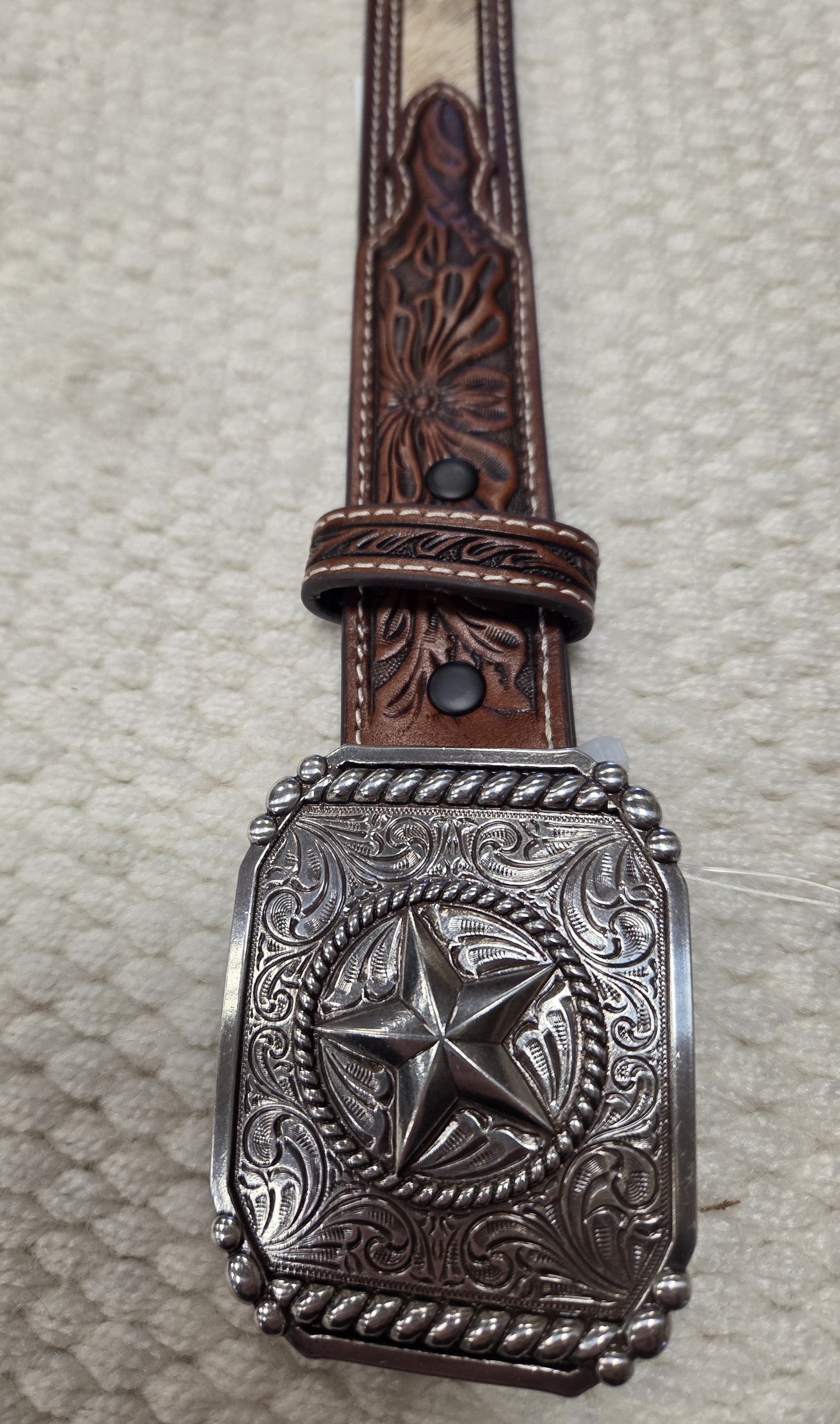 Boys Hair On Belt With Leather Floral Embossed Overlay and Tabs