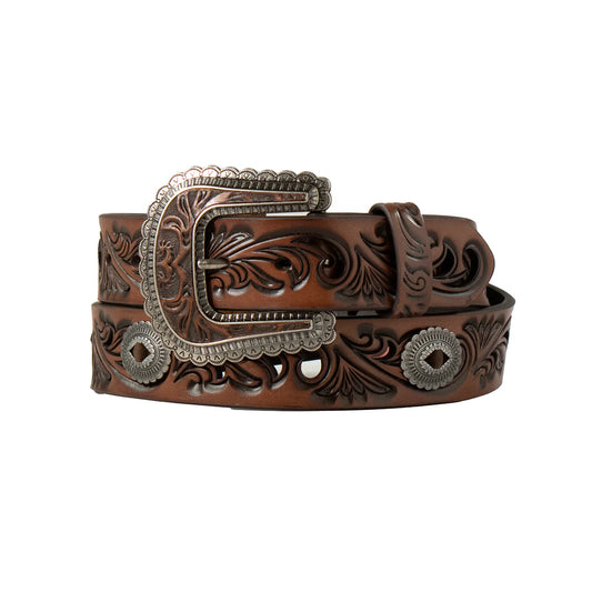 Womens Floral Tooled Brown Belt with cutouts and conchos