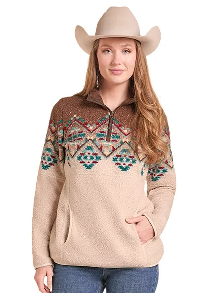 Womens Panhandle Slim Border Print Chocolate/Teal Pullover