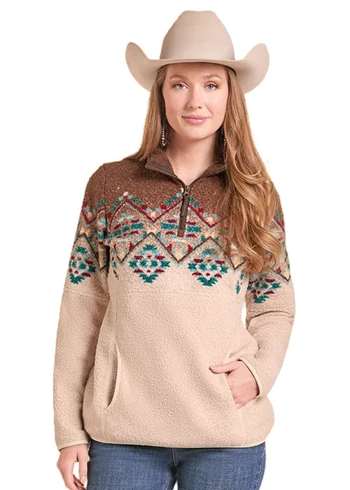 Womens Panhandle Slim Border Print Chocolate/Teal Pullover