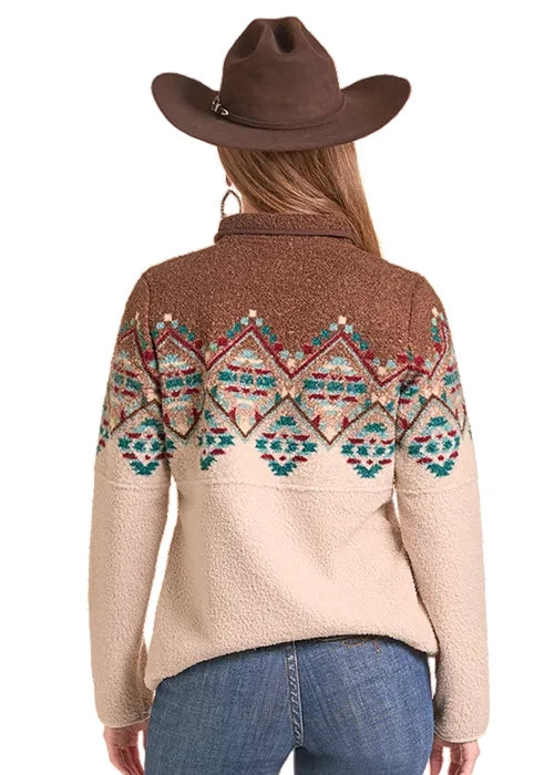Womens Panhandle Slim Border Print Chocolate/Teal Pullover