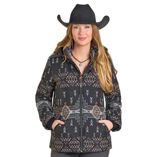 Womens Black Aztec Print Puffer Hooded Jacket