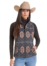 Womens Panhandle Slim Reversible Black/Aztec Quilted Western Vest