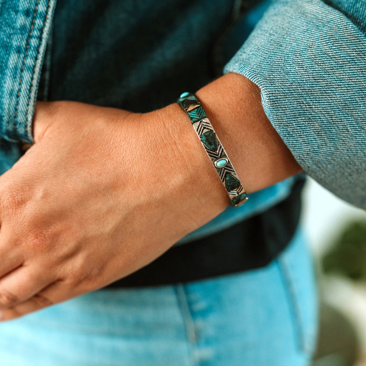 Stretch Arrow Bracelet with Turquoise- Patina
