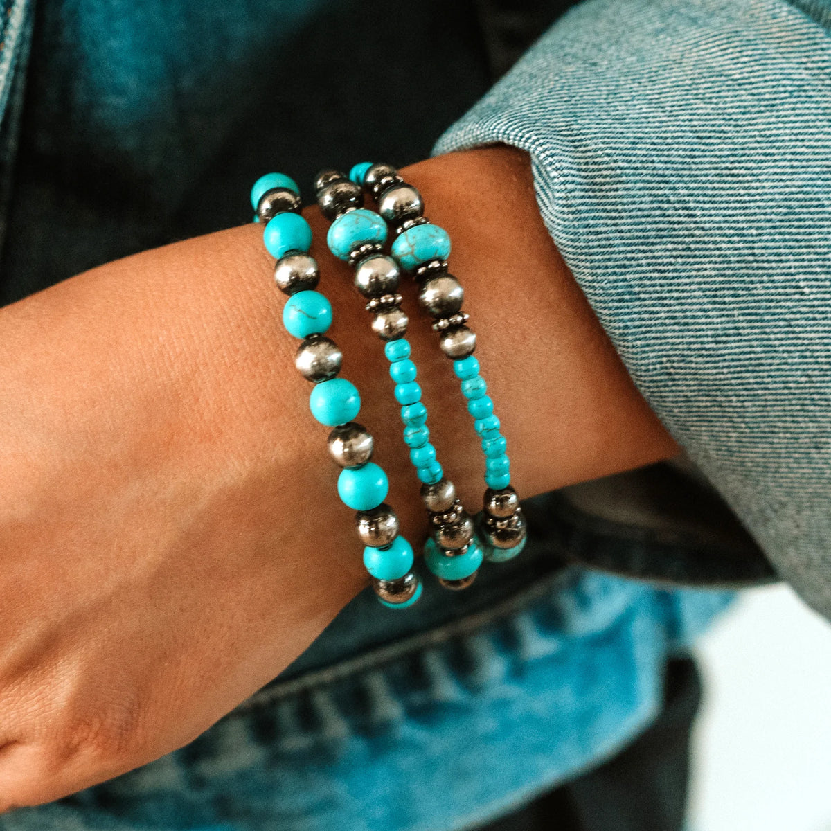 Triple Turquoise and Silver Stretch Bracelets