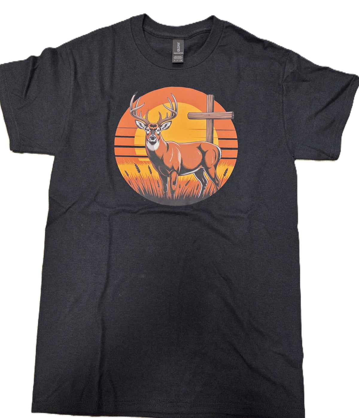 Black Unisex Tee with Stag/Cross Graphic