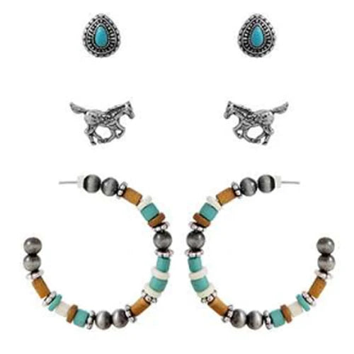 Turquoise stud, beaded hoop and horse earring set